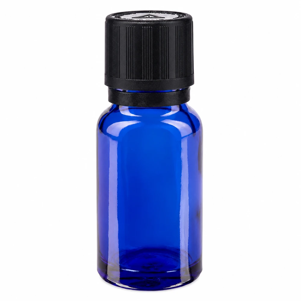 10 ml niebieska szklana buteleczka apteczna z czarnym zamknięciem zabezpieczającym przed dziećmi i kroplomierzem 1 mm