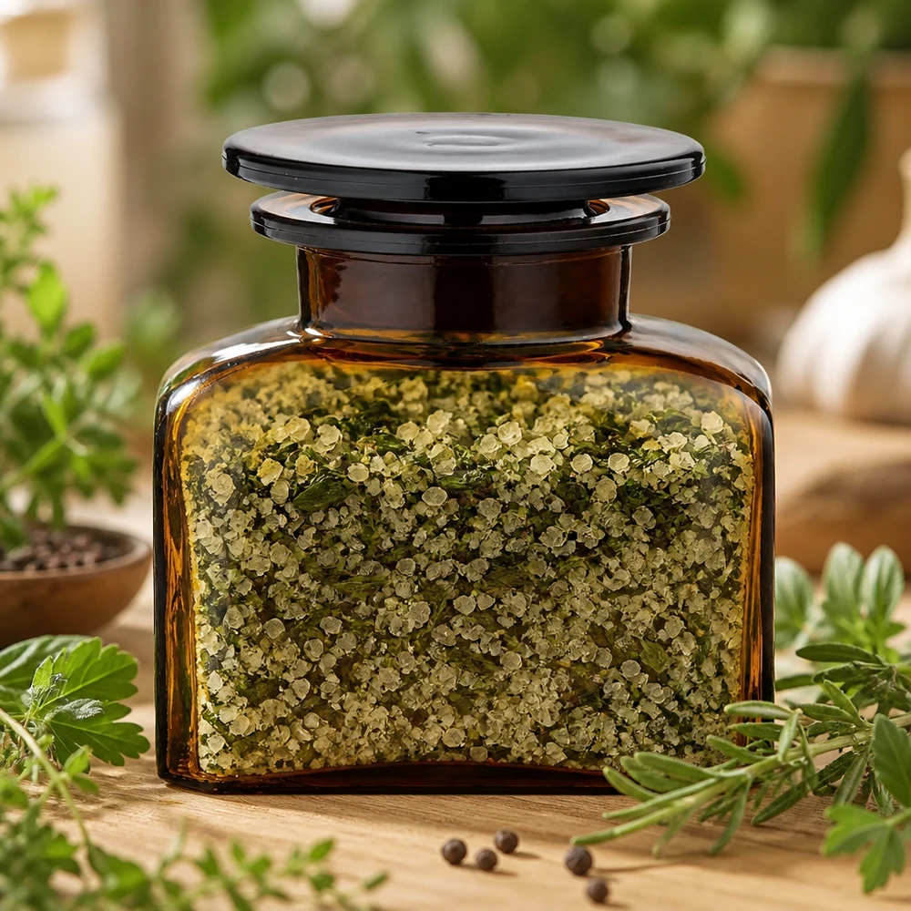 Sól ziołowa w aptekarskiej butelce z brązowego szkła o pojemności 150 ml, z szeroką szyjką i czarnym szklanym korkiem