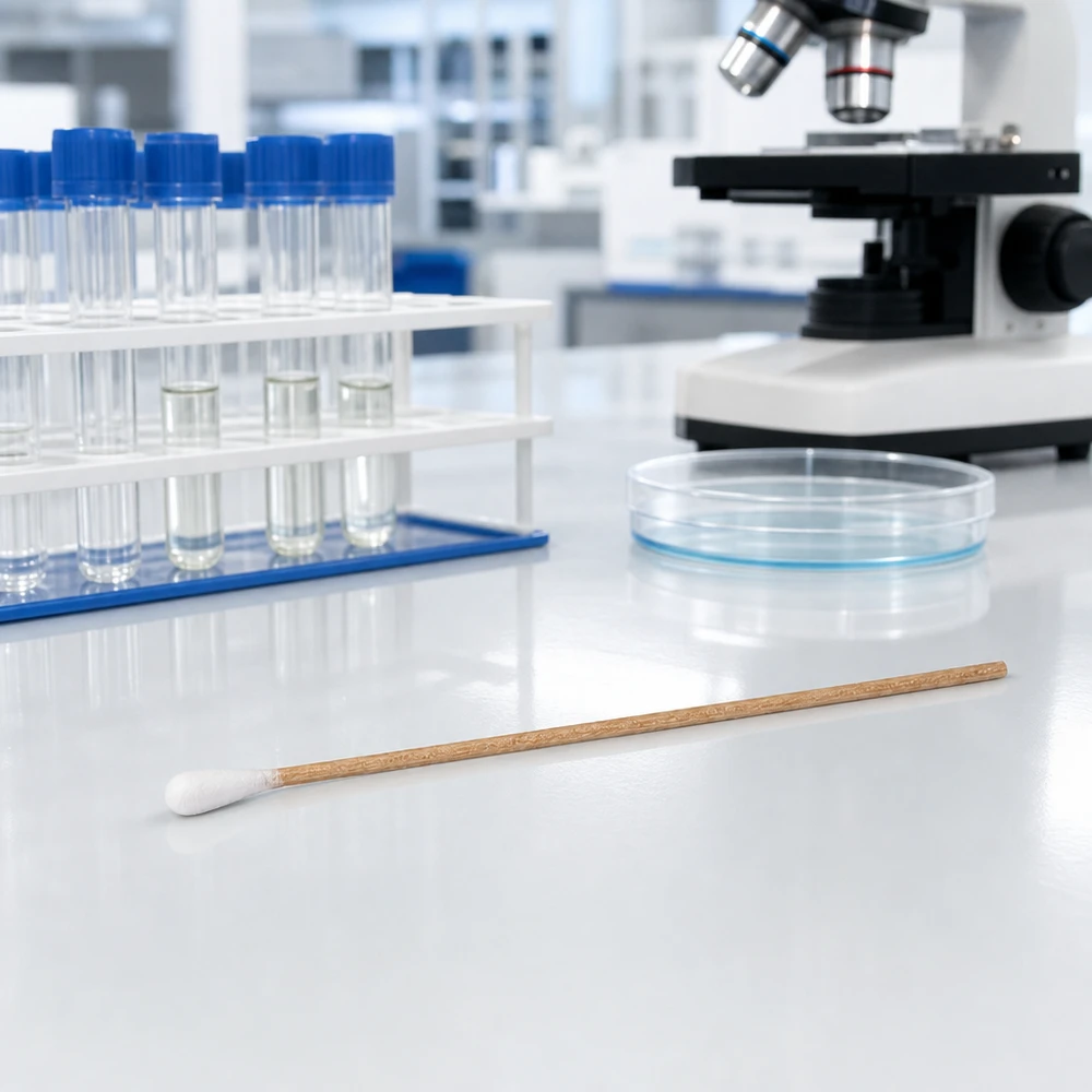 Niestylizowane patyczki watowe z długimi drewnianymi trzonkami w laboratorium obok probówek i mikroskopu