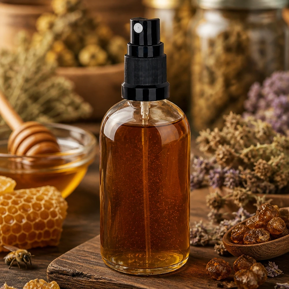 100 ml butelka ze spryskiwaczem czarna STD ClearLine UT18/100 Mała szklana buteleczka z atomizerem o pojemności 100 ml z czarnym atomizerem, otoczona motywem miodu i ziół