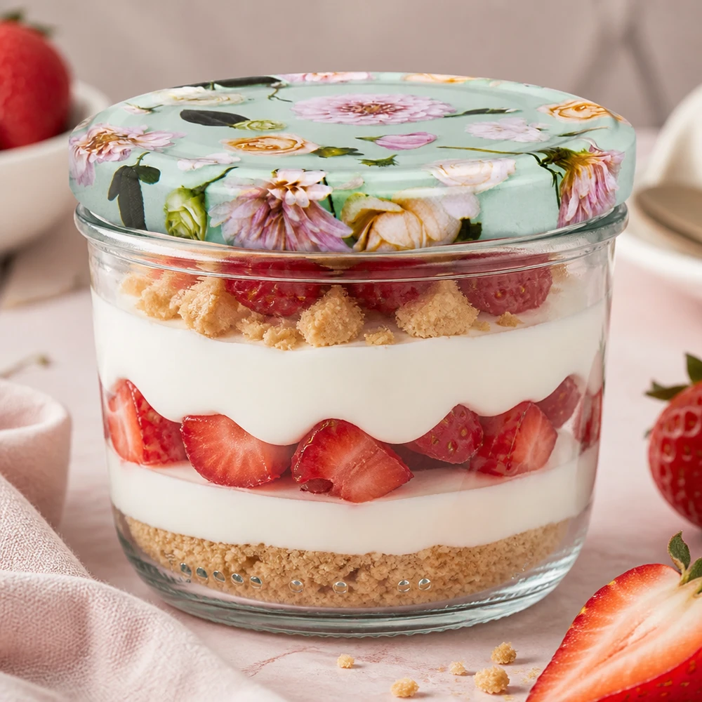 Szklanka z pokrywką 230 ml + pokrywka BasicSeal kwiat miętowa UN.. Sturzglas 230ml mit BasicSeal Deckel Blume mint als stylische Dessertschale für Tiramisu mit Erdbeeren verwendet