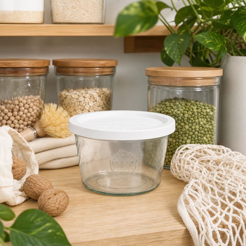 Kubki WECK 370 ml RR100 w zrównoważonej kuchni zero-waste ze słoikami do przechowywania, roślinami strączkowymi i akcesoriami ekologicznymi