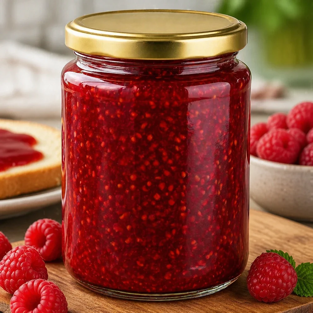 450 g słoik miodu BasicSeal ze złotą pokrywką wypełniony dżemem malinowym otoczonym świeżymi malinami