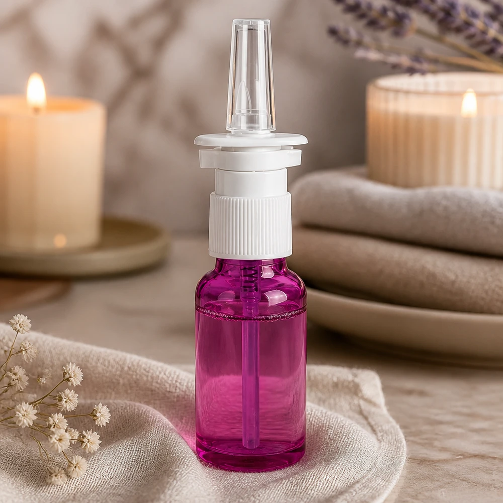 Butelka z rozpylaczem do nosa 20ml biała/przezroczysta standardowa PurpleLine. UT18/20 Butelka z aerozolem do nosa o pojemności 20 ml z białą zakrętką i przezroczystą rurką rozpylającą w kolorze fioletowym