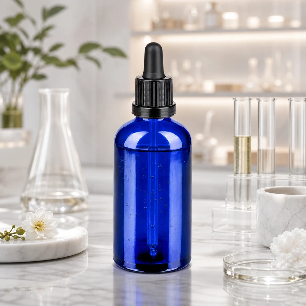 100 ml butelka z pipetą czarna OV BlueLine UT18/100 Elegancka niebieska szklana butelka 100 ml z ergonomiczną pipetą ułatwiającą obsługę
