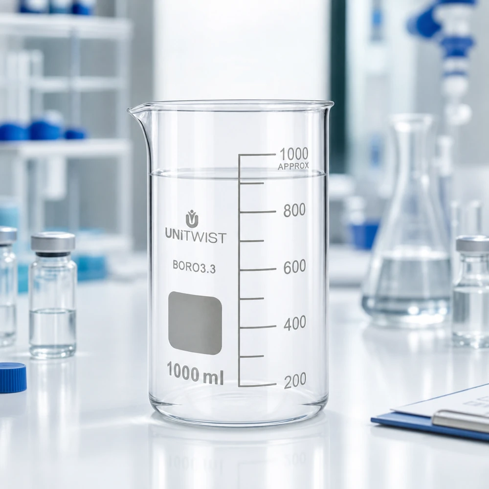 Szklanka UNITWIST o pojemności 1000 ml, wysoka, z borokrzemianu 3.3, przezroczysta, pusta, na białym stole laboratoryjnym