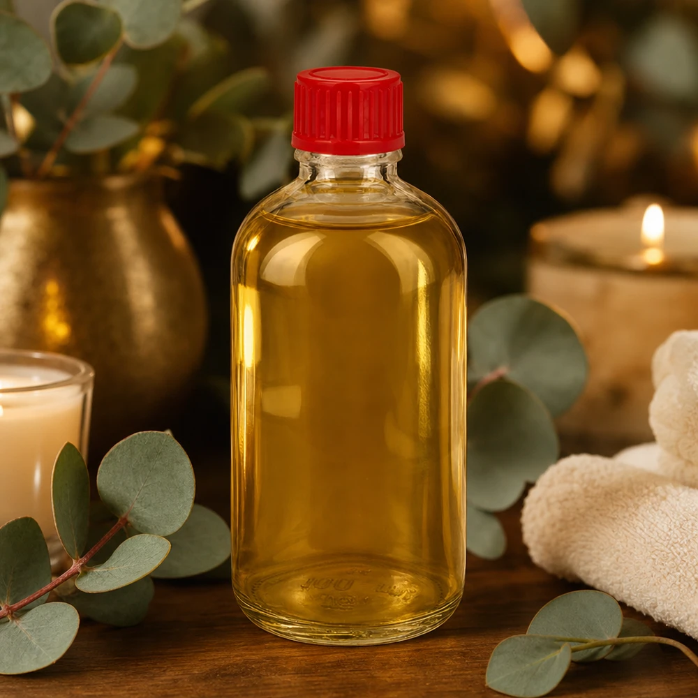 Butelka na olejki aromaterapeutyczne 100 ml, przezroczyste szkło, czerwona nakrętka, model ClearLine UT18/100, z eukaliptusem i świecami
