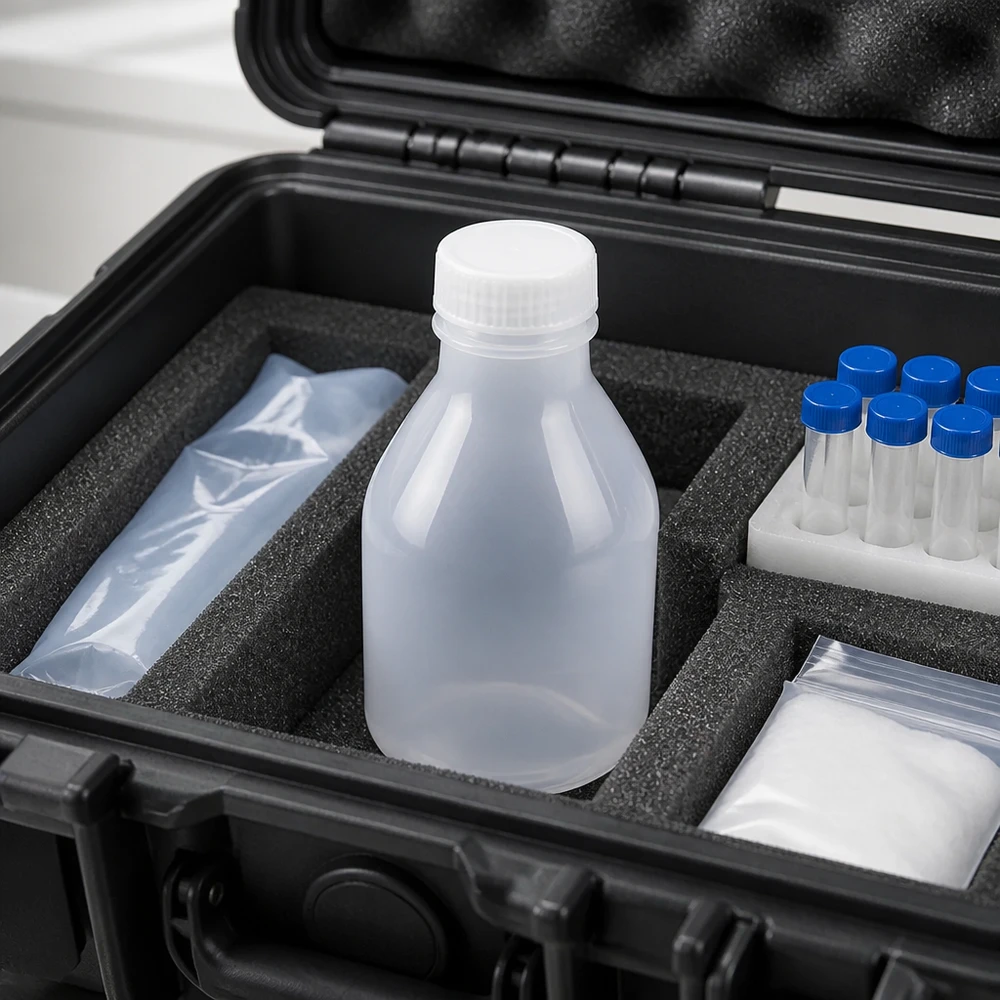 Przezroczysta butelka laboratoryjna o pojemności 20 ml z wąską szyjką, bez zamknięcia, w czarnej walizce transportowej z wyściółką z pianki