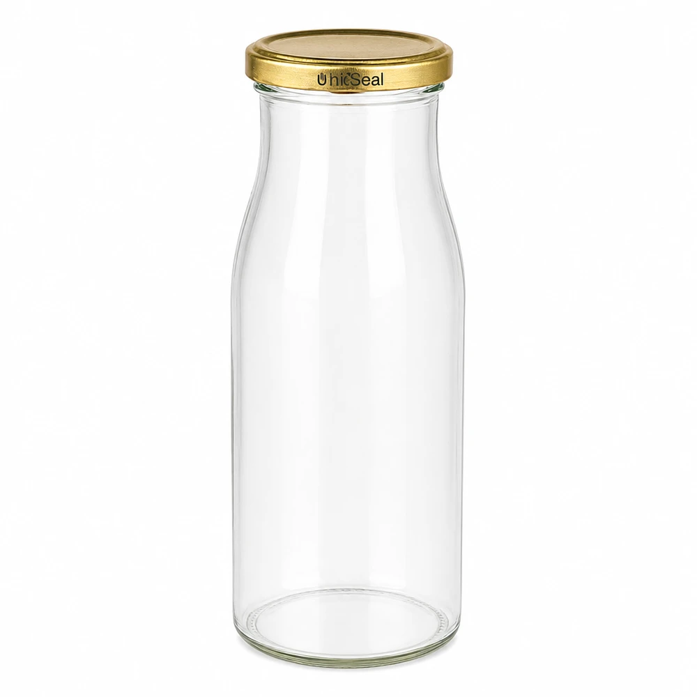 Butelka UNiTWIST Bottle150 w kolorze złotym. Pokrywka TO43 BioSeal Szklana butelka UNiTWIST 150 ml ze złotym wieczkiem TO43 BioSeal z przezroczystą szklaną zakrętką