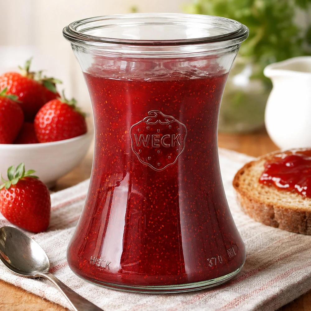 Słoik delikatesowy WECK RR80 o pojemności 370 ml Słoik delikatesowy WECK 370ml RR80 wypełniony konfiturą z czerwonych truskawek w przytulnej śniadaniowej oprawie z tostami
