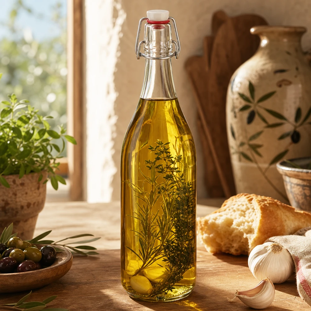 Glasflasche 1000ml mit Kräuteröl befüllt zeigt vielseitige Verwendung für Küche und Aufbewahrung