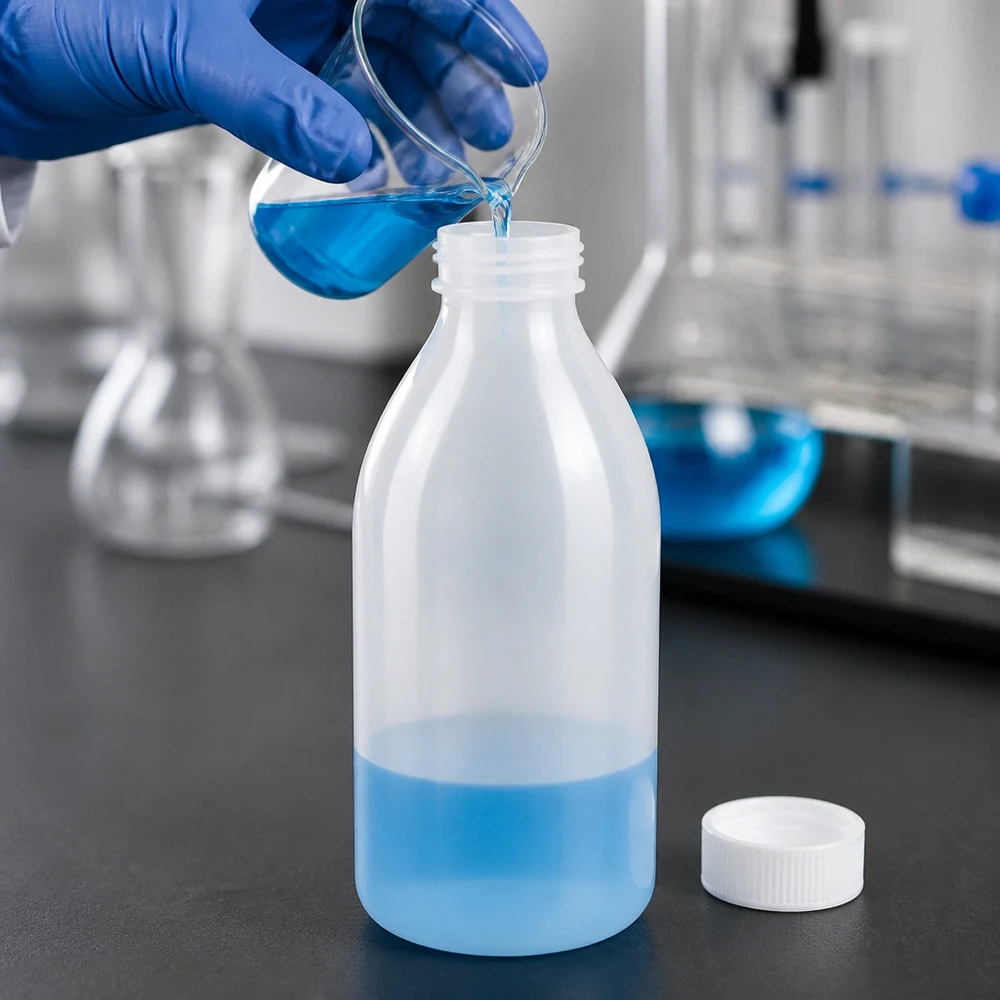 500ml PE Schraubflasche Enghals neben weißem Deckel und Erlenmeyerkolben
