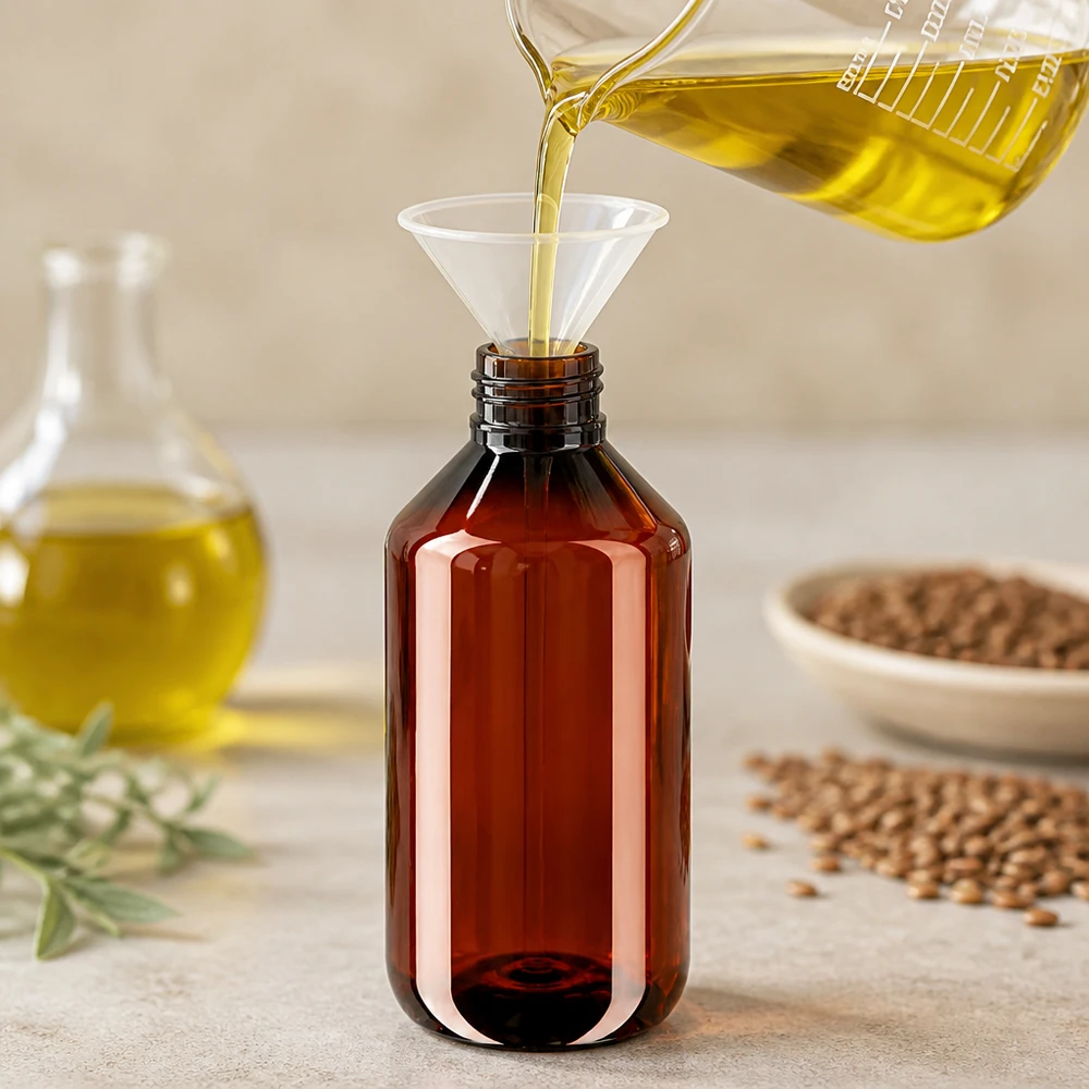 Braune PET Enghalsflasche 500ml mit OV Verschluss neben Hanfsamen und Olivenöl