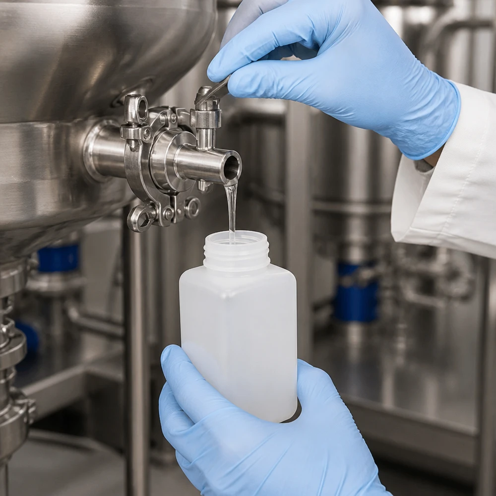 Technik w rękawicach ochronnych pobiera próbkę cieczy ze zbiornika ze stali nierdzewnej do butelki PE-HD o szerokiej szyjce o pojemności 1000 ml