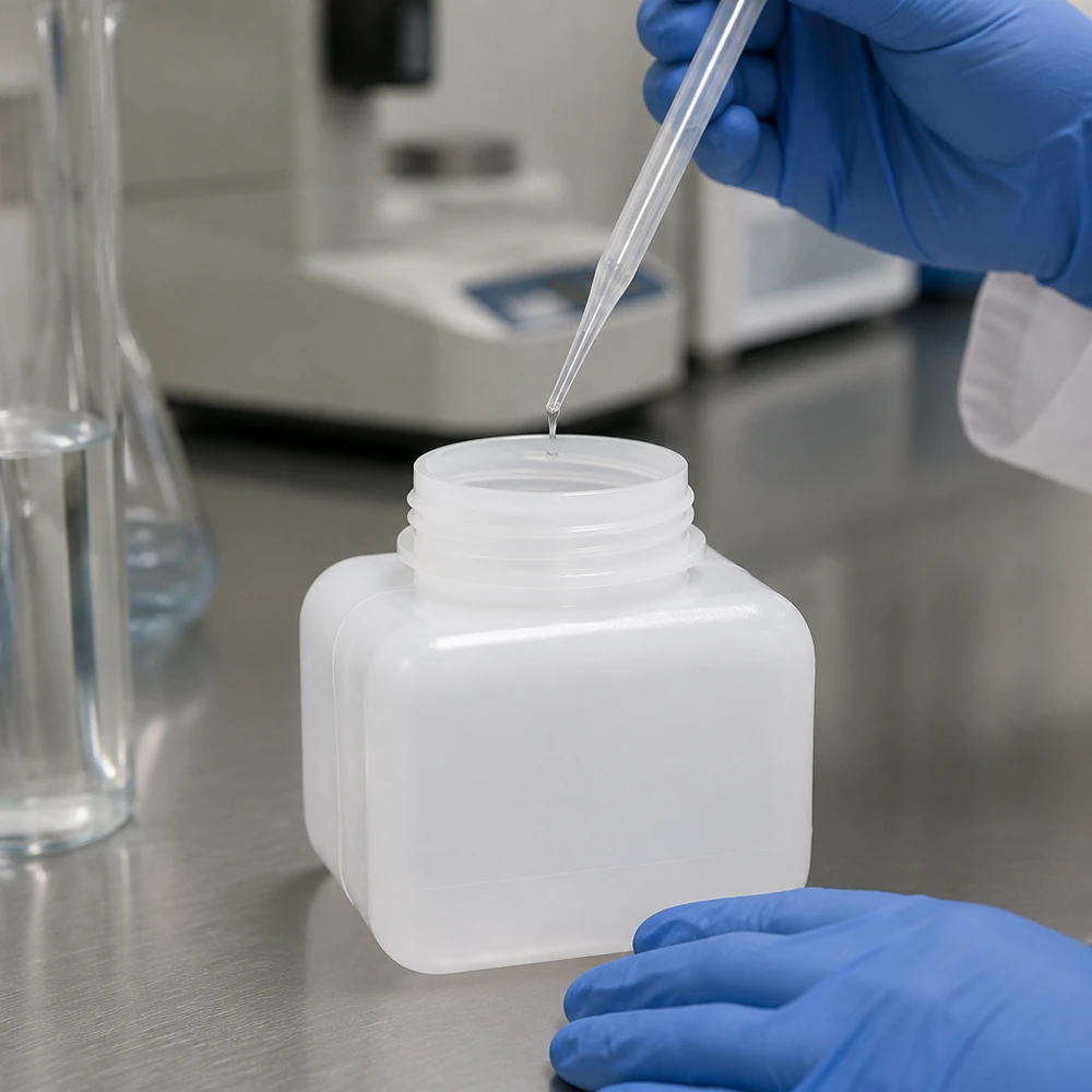 Laborant w rękawiczkach napełnia pipetą butelkę na chemikalia z PE-HD o pojemności 250 ml i szerokiej szyjce