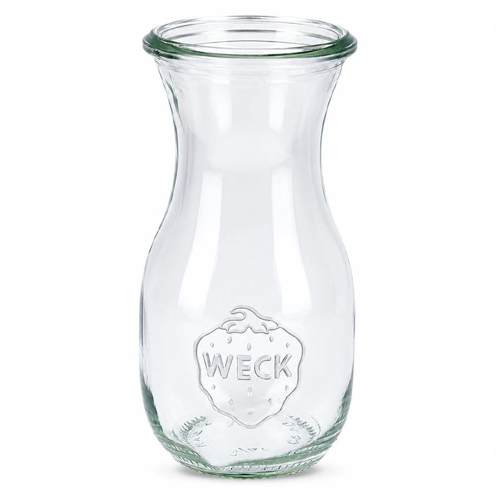 Butelka na sok WECK RR60 o pojemności 290 ml wykonana z przezroczystego szkła z wytłoczonym logo i szerokim otworem na soki i napoje.