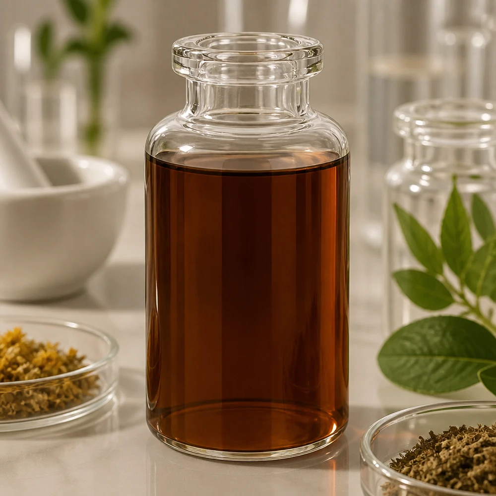 Butelka iniekcyjna z przezroczystego szkła 30 ml Injektionsflasche Klarglas 30ml mit dunkelbraunem Pflanzenextrakt in botanischer Laborszene