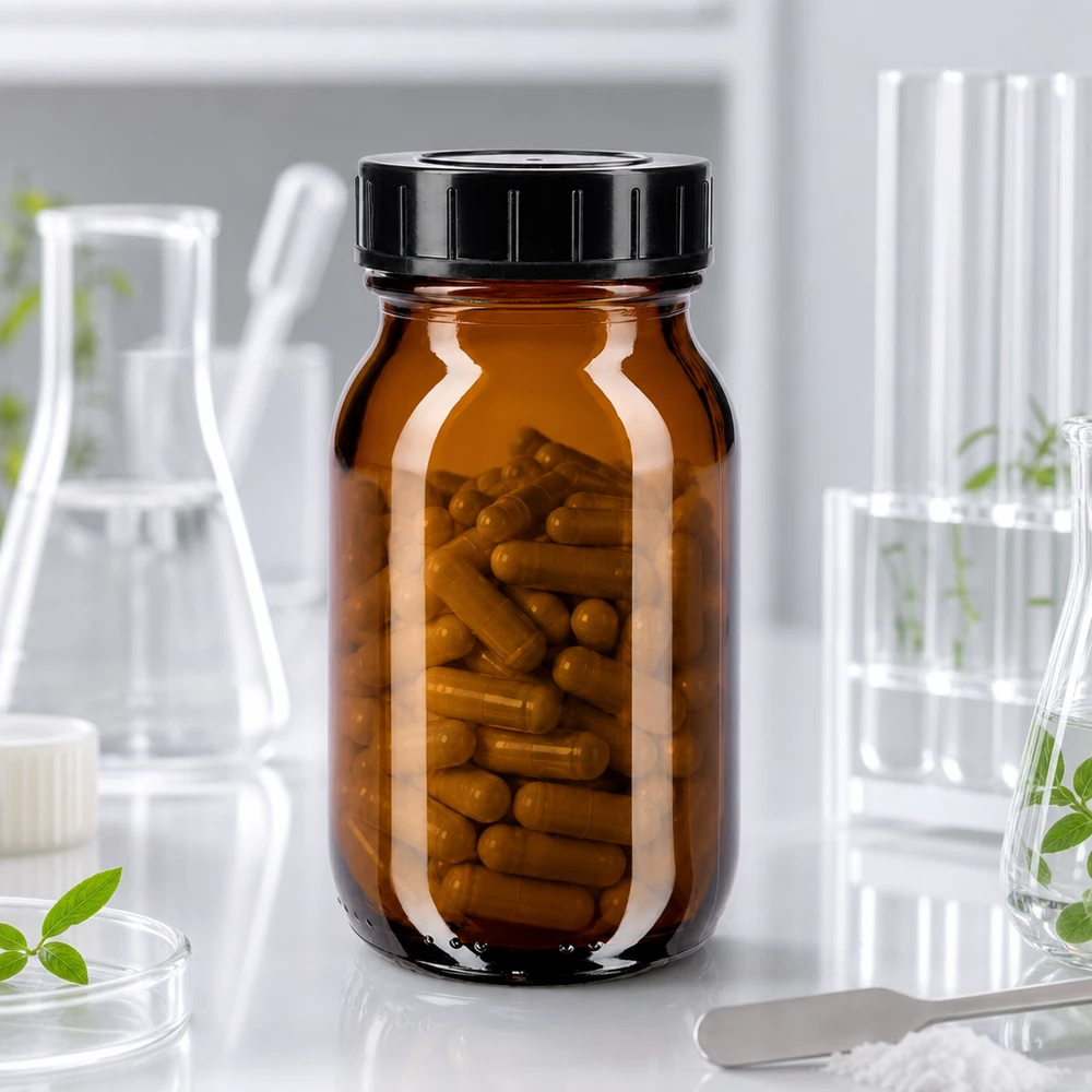 Szklana butelka z szeroką szyjką 100 ml w kolorze brązowym z szerokim otworem ułatwiającym napełnianie