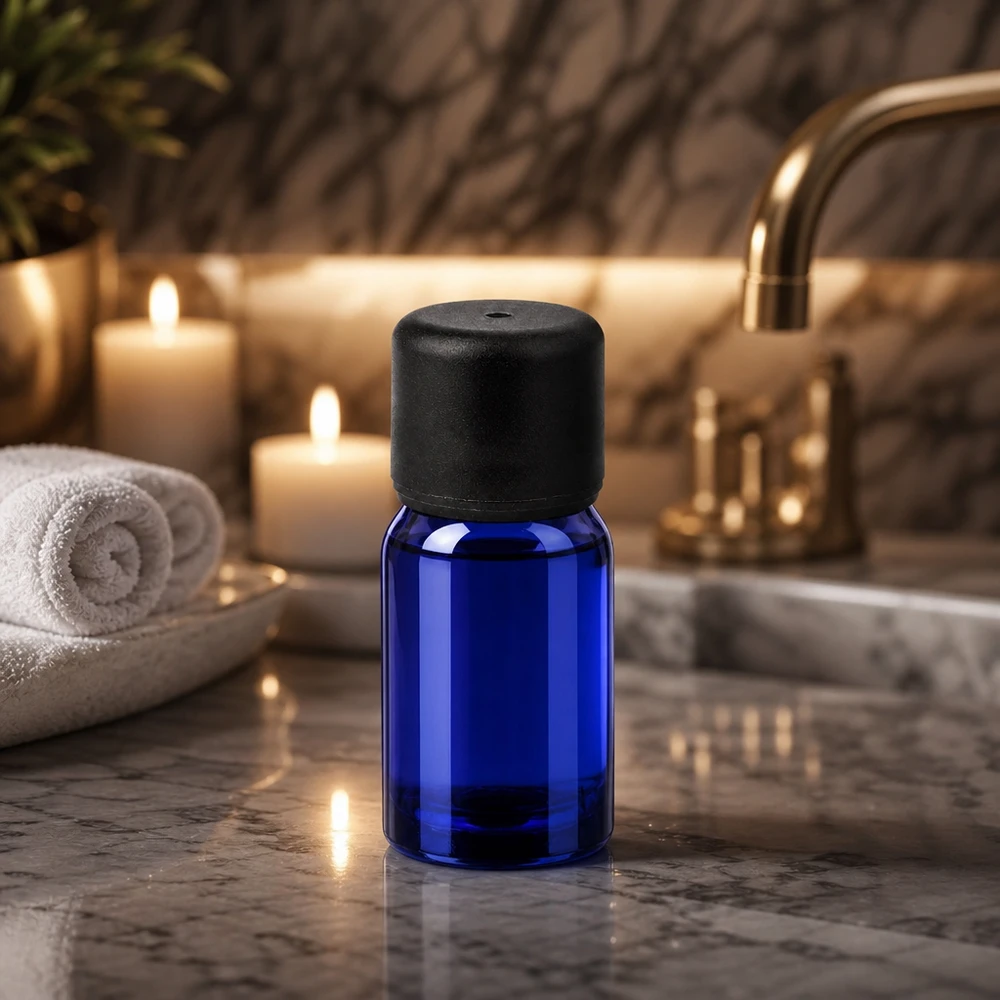 Butelka 5 ml 6 mm SV czarna STD BlueLine UT18/5 5 ml szklana butelka BlueLine w kolorze kobaltowego błękitu z czarną zakrętką do aromaterapii