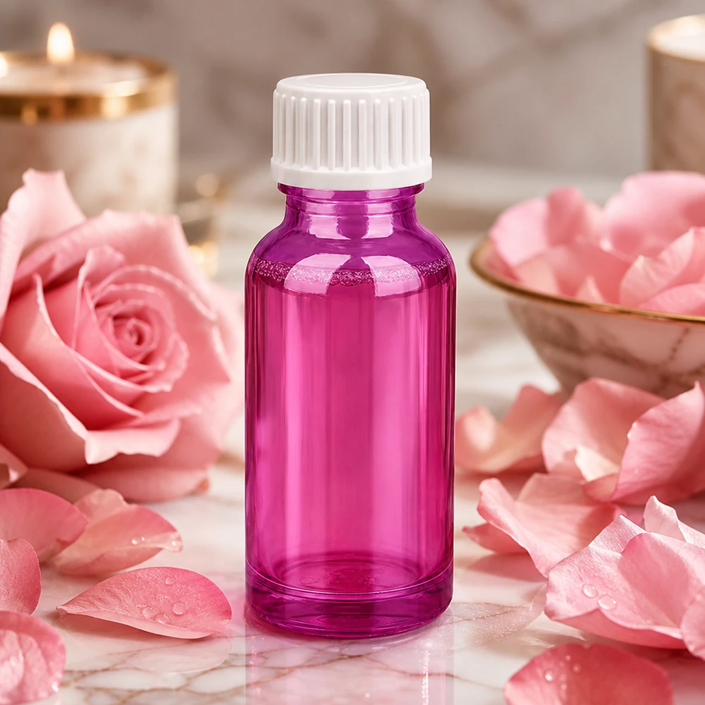 Butelka 20ml (kuleczka) 3mm pierścień nalewowy biały standardowy PurpleLine.UT18/20 Fioletowa szklana butelka 20 ml z białą nakrętką do aromaterapii i kosmetyków