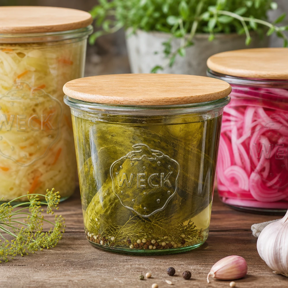Kubki WECK RR100 o pojemności 580 ml z drewnianą pokrywką WECK 580ml szklany słoik z drewnianą pokrywką wypełniony marynowanymi korniszonami, scena kuchenna ze świeżymi ziołami i czosnkiem