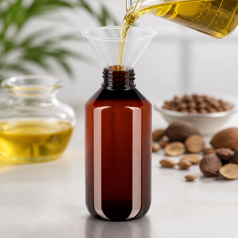 Brązowa butelka PET o pojemności 200 ml podczas napełniania olejem arganowym za pomocą lejka na białym tle