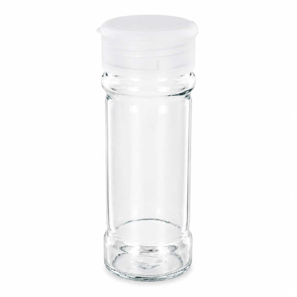 Słoik na sól/przyprawy 100 ml z dozownikiem, biały Pusty słoik na przyprawy o pojemności 100 ml, wykonany z przezroczystego szkła, z białym plastikowym dozownikiem