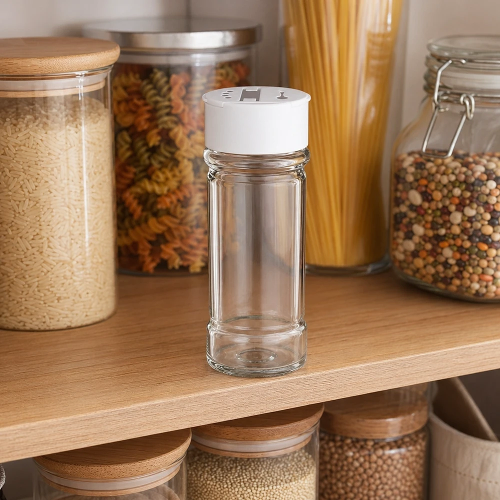Słoik na sól/przyprawy 100 ml z podwójną dozownicą, biały Mały słoiczek na przyprawy o pojemności 100 ml z białą plastikową pokrywką, stojący na drewnianej półce między słoikami na zapasy