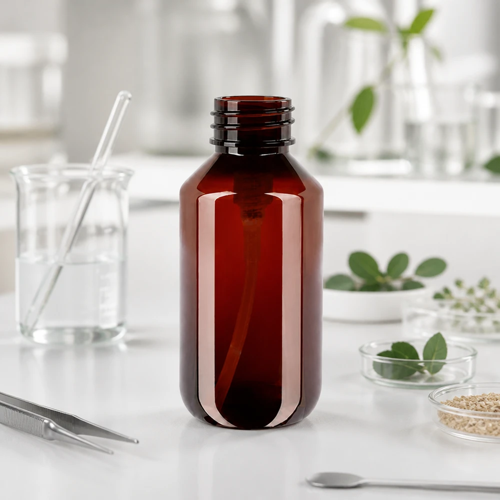 Butelka PET 200ml z pompką dozującą czarna Pusta butelka PET o pojemności 200 ml, w kolorze bursztynowym, z gwintem do zakręcania, przeznaczona do czarnej pompki dozującej