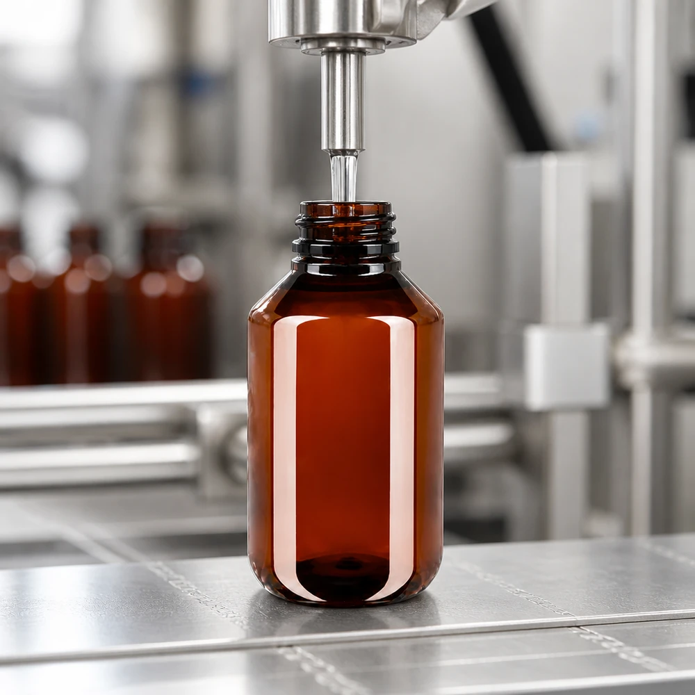 Automatyczna linia rozlewnicza napełnia bursztynowe butelki PET o pojemności 100 ml z zamknięciem odgazowującym