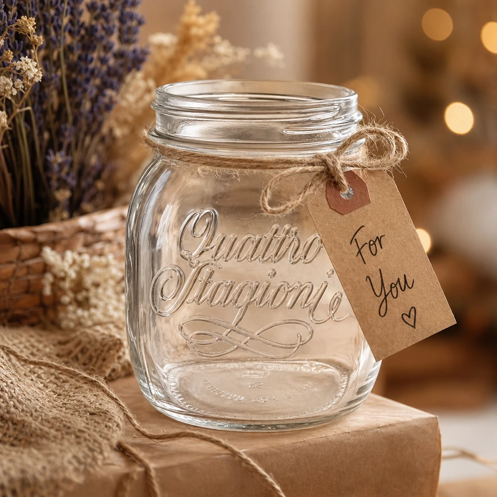 Szkło gospodarcze "Quattro Stagioni" o pojemności 700 ml Szkło gospodarcze Quattro Stagioni o pojemności 700 ml z przywieszką prezentową na rustykalnym drewnianym stole z lawendową dekoracją