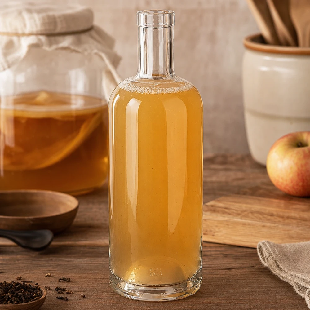 750 ml szklana butelka Emma wypełniona octem jabłkowym w rustykalnej kuchni obok jabłka i przyborów kuchennych na drewnianej desce