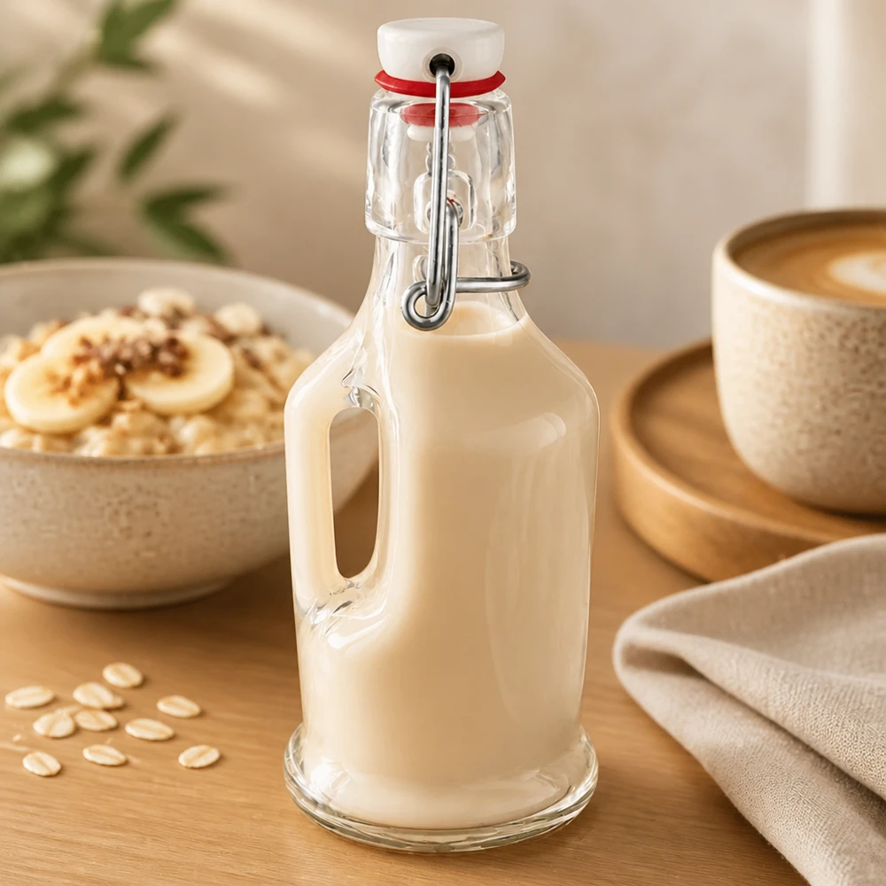Glasflasche Bertha 200ml mit cremiger Hafermilch befüllt, Bügelverschluss UNiTWIST, Frühstücksszene mit Müsli und Kaffee