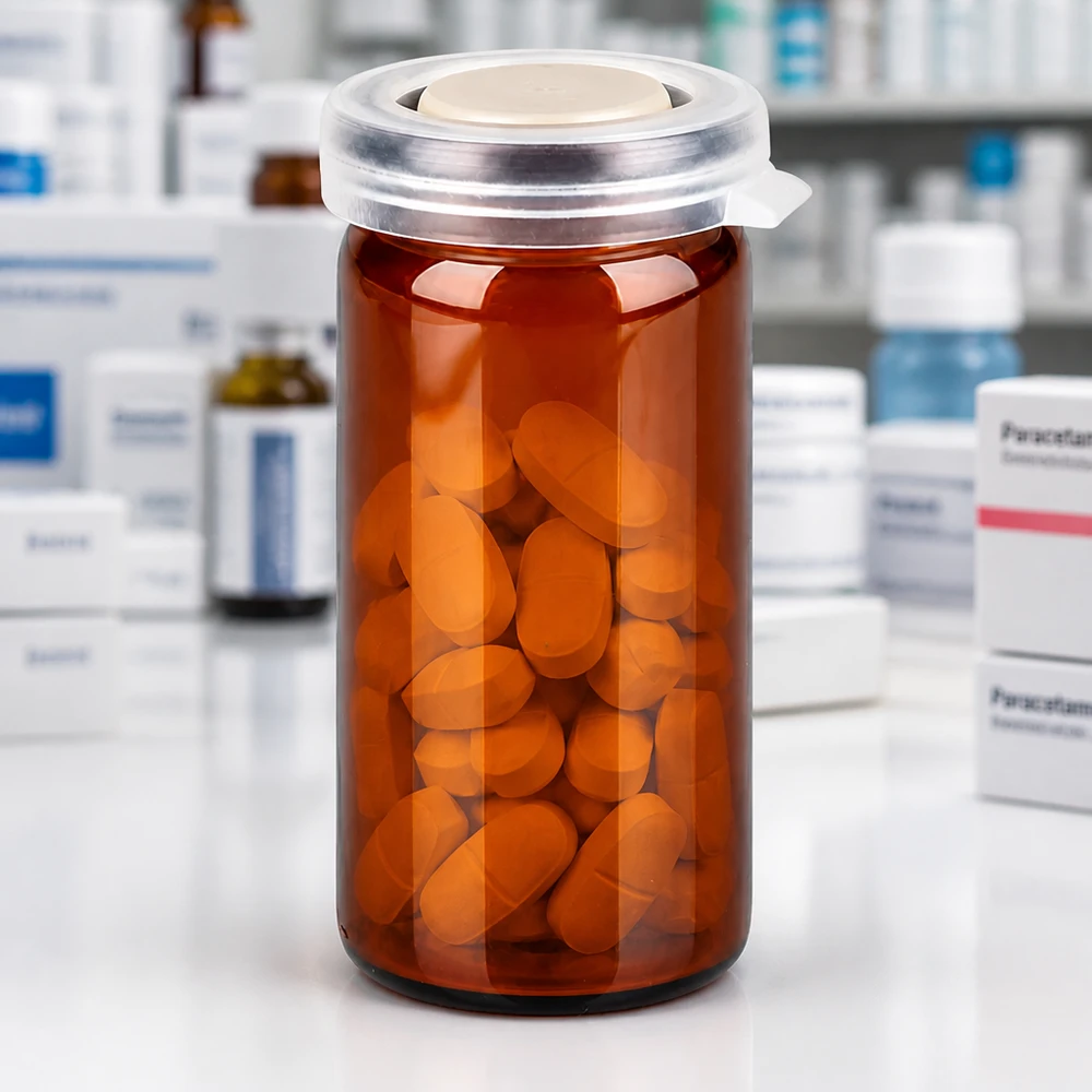 Farmaceutyczne szkło brązowe z pokrywką zatrzaskową i pomarańczowymi tabletkami powlekanymi w otoczeniu aptekowym
