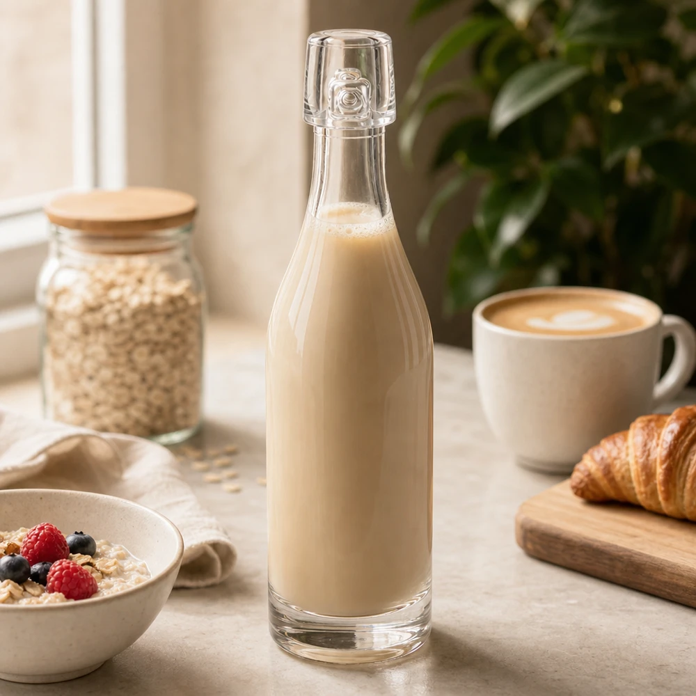 50 ml szklana butelka UNiTWIST wypełniona mlekiem owsianym między składnikami śniadania Miska na płatki śniadaniowe i rogalik Stół kuchenny