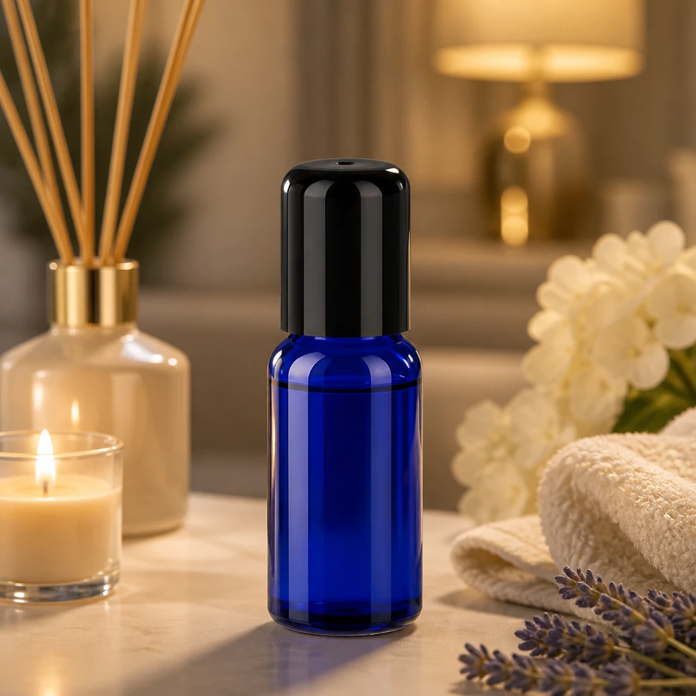 Butelka roll-on 20 ml czarna STD BlueLine UT18/20 Wysokiej jakości butelka typu roll-on o pojemności 20 ml wykonana z niebieskiego szkła z czarną zakrętką na kosmetyki w płynie