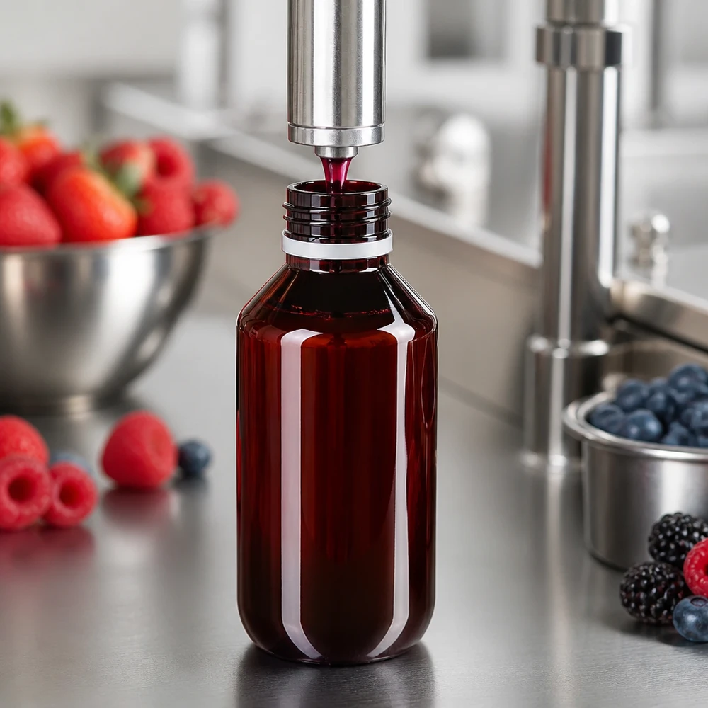 Rozlewanie soku jagodowego do brązowych butelek PET o pojemności 200 ml z białym zamknięciem zabezpieczającym