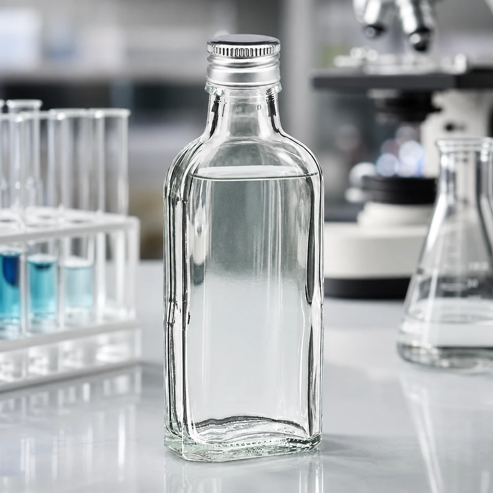 Butelka Meplat o pojemności 100 ml, przezroczysta, z aluminiowym zamknięciem PP22 w kolorze srebrnym, na białym blacie laboratoryjnym