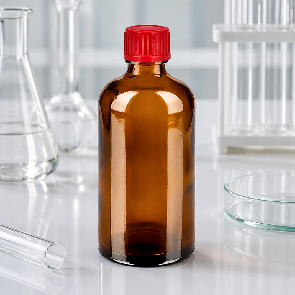 Butelka 100 ml 11 mm SV czerwona STD BrownLine UT18/100 Butelka szklana BrownLine 100 ml z gwintem SV 11 mm i czerwoną zakrętką do zastosowań laboratoryjnych