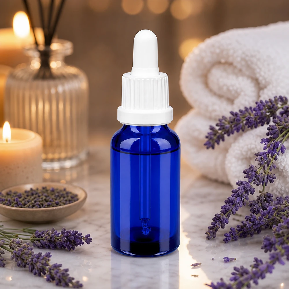 Mała butelka z pipetą o pojemności 20 ml w eleganckim niebieskim kolorze z białą nasadką do zastosowań w aromaterapii