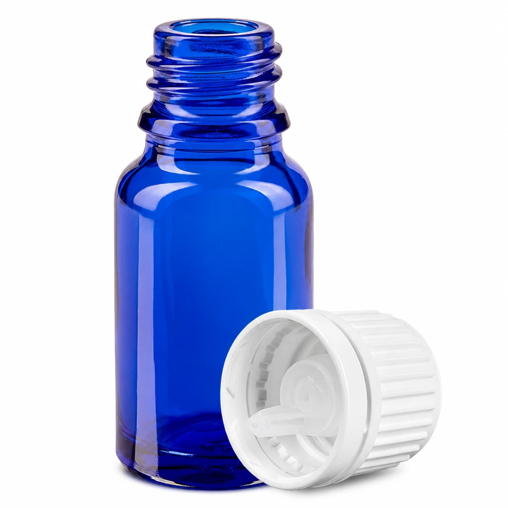 Butelka z kroplomierzem 10 ml 0,7 mm biała OV BlueLine UT18/10 10 ml szklana butelka w kolorze niebieskim z białym zakraplaczem do precyzyjnego dozowania płynów