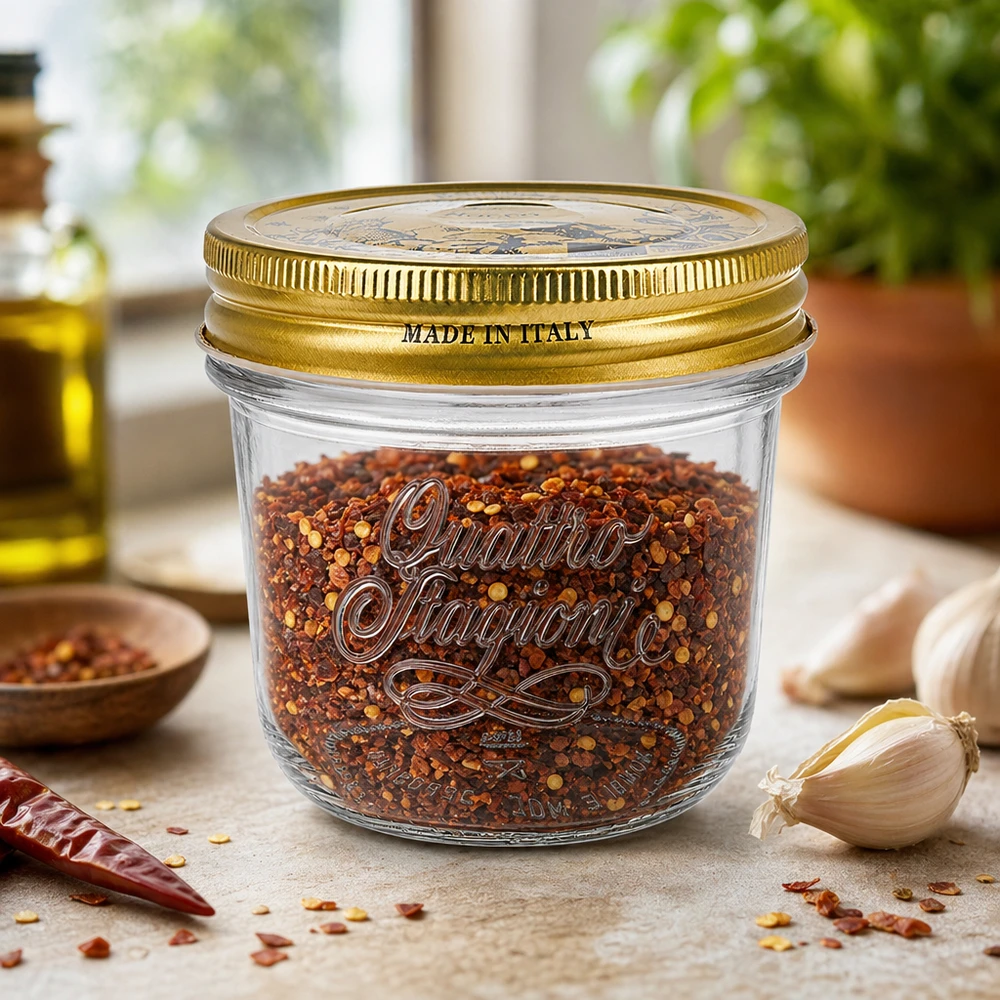 Słoik 200 ml „Quattro Stagioni” z pokrywką 200 ml kubki Quattro Stagioni ze złotą pokrywką wypełnione mieszanką przypraw chili Made in Italy na blacie kuchennym.