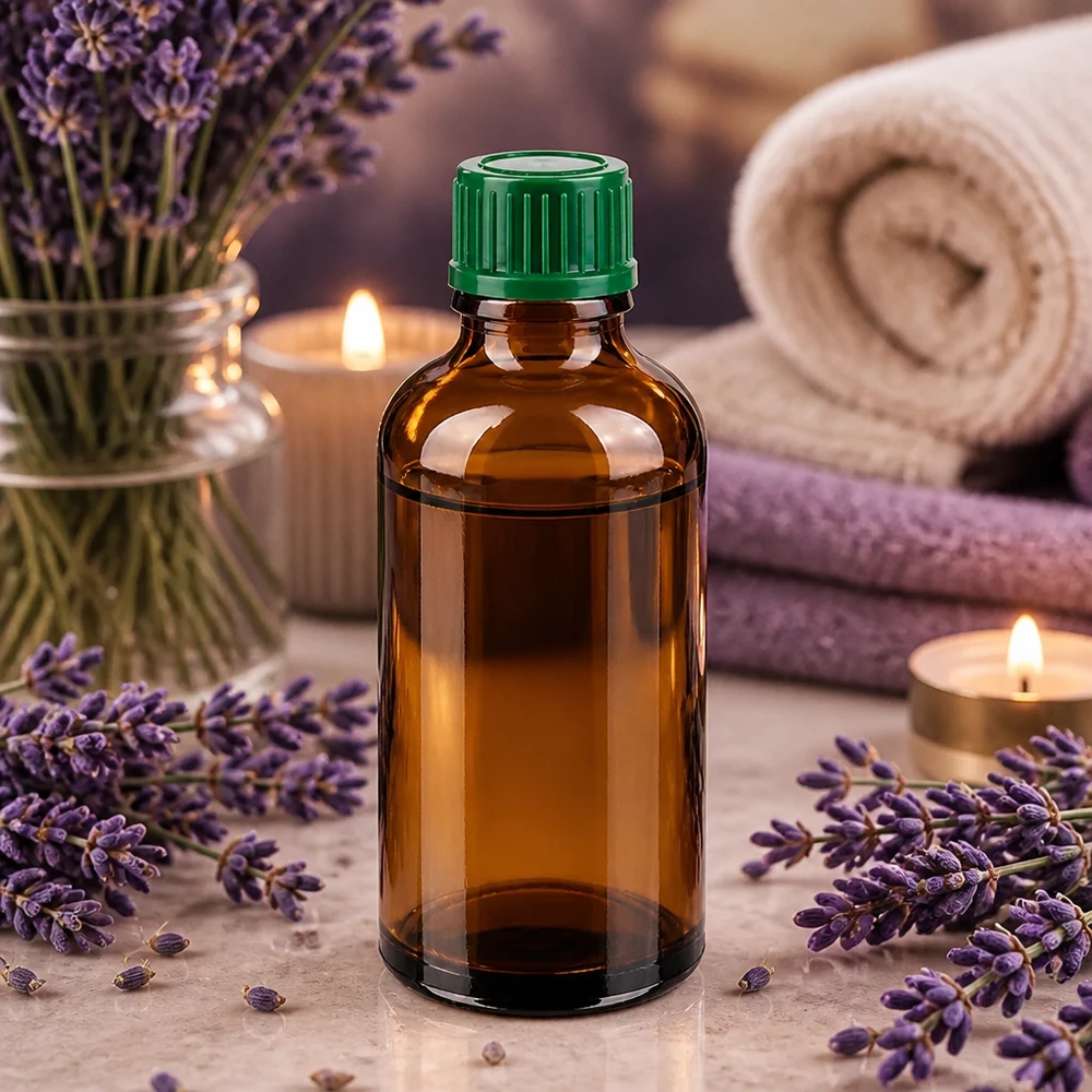Butelka z brązowego szkła 50 ml z zielonym wieczkiem idealna do aromaterapii i kosmetyków naturalnych