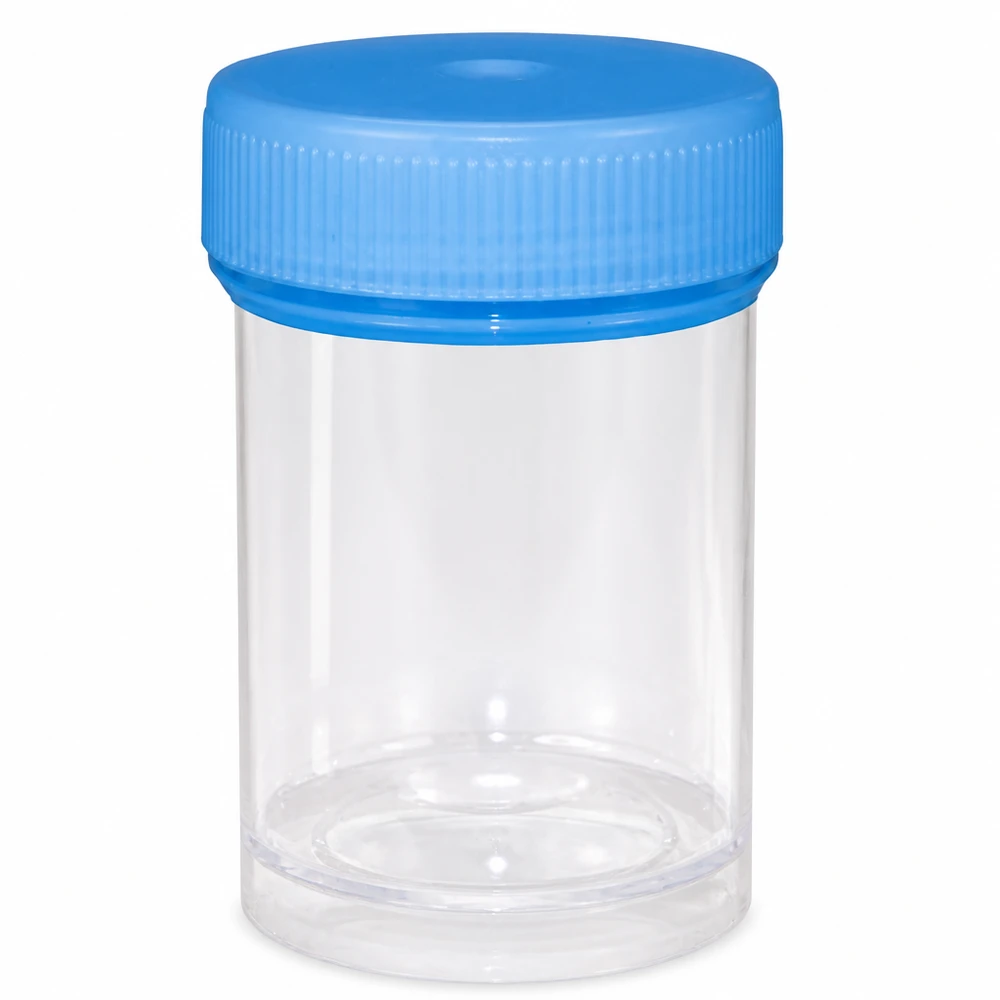 Uniwersalny plastikowy słoik (naczynie) 35 ml Przezroczyste plastikowe pudełko o pojemności 35 ml z niebieską zakrętką, przeznaczone do przechowywania próbek medycznych