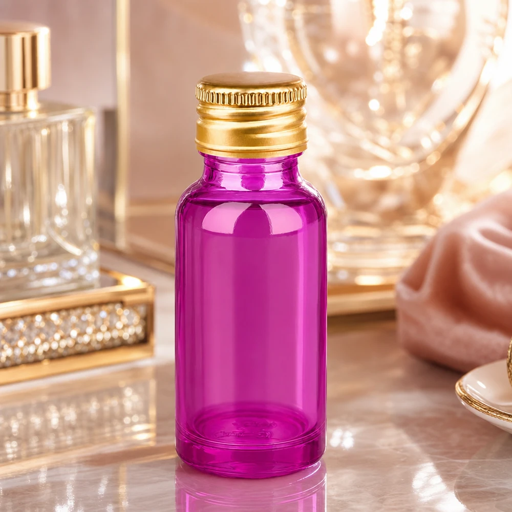 Elegancki, fioletowy szklany flakon perfum o pojemności 20 ml ze złotą metalową nasadką na ekskluzywne perfumy