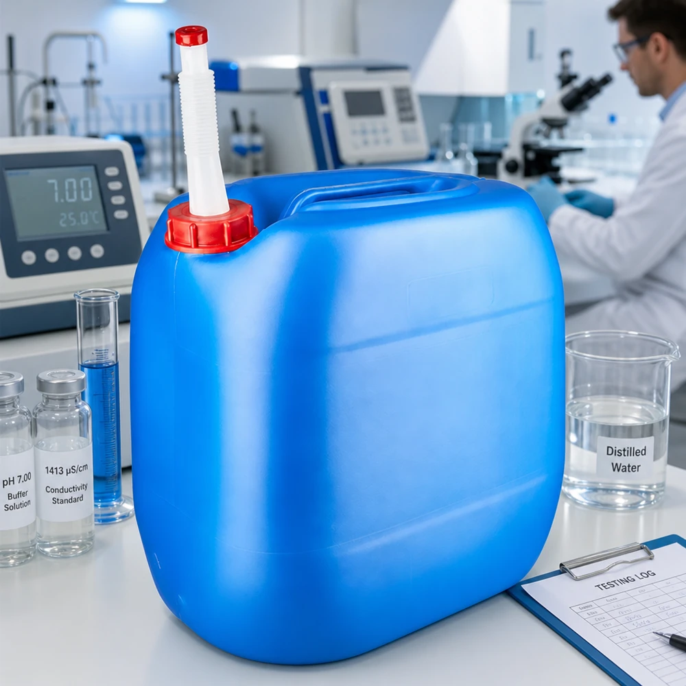 Kanister laboratoryjny 30 l, niebieski, z elastyczną rurką wylotową, wraz z roztworem buforowym pH i wzorcem przewodności