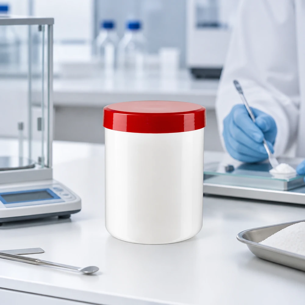 Okrągły słoik na maść o pojemności 75 g, wykonany z białego polipropylenu, z czerwoną zakrętką, na stole laboratoryjnym