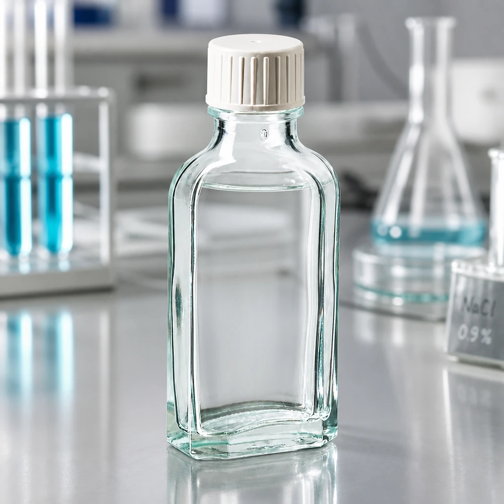 Prostokątna butelka z przezroczystego szkła o pojemności 50 ml z żebrowaną białą nakrętką na blacie laboratoryjnym