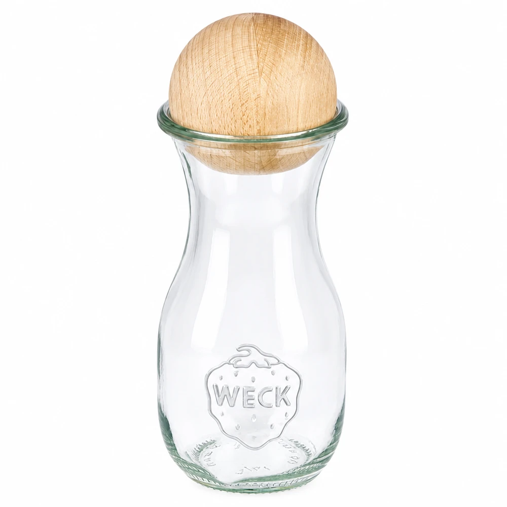 Butelka na sok 290 ml WECK RR60 z drewnianą kulką buk Butelka na sok WECK 290ml RR60 wykonana ze szkła z drewnianą bukową kulką jako zakrętką, klasyczny design do napojów