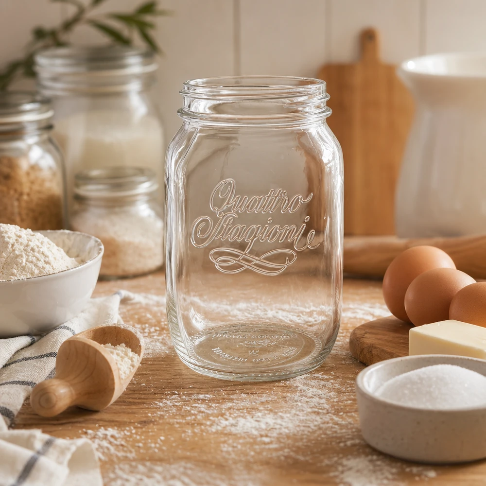 Słoik gospodarczy 1000 ml „Quattro Stagioni” Pusty słoik 1000ml Quattro Stagioni na drewnianym stole ze składnikami do pieczenia, mąką, jajkami i przyborami kuchennymi